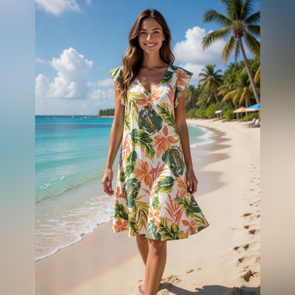 Nicole Miller | Linen Tropical Floral Print V-Neck Shift Mini Dress Size Medium